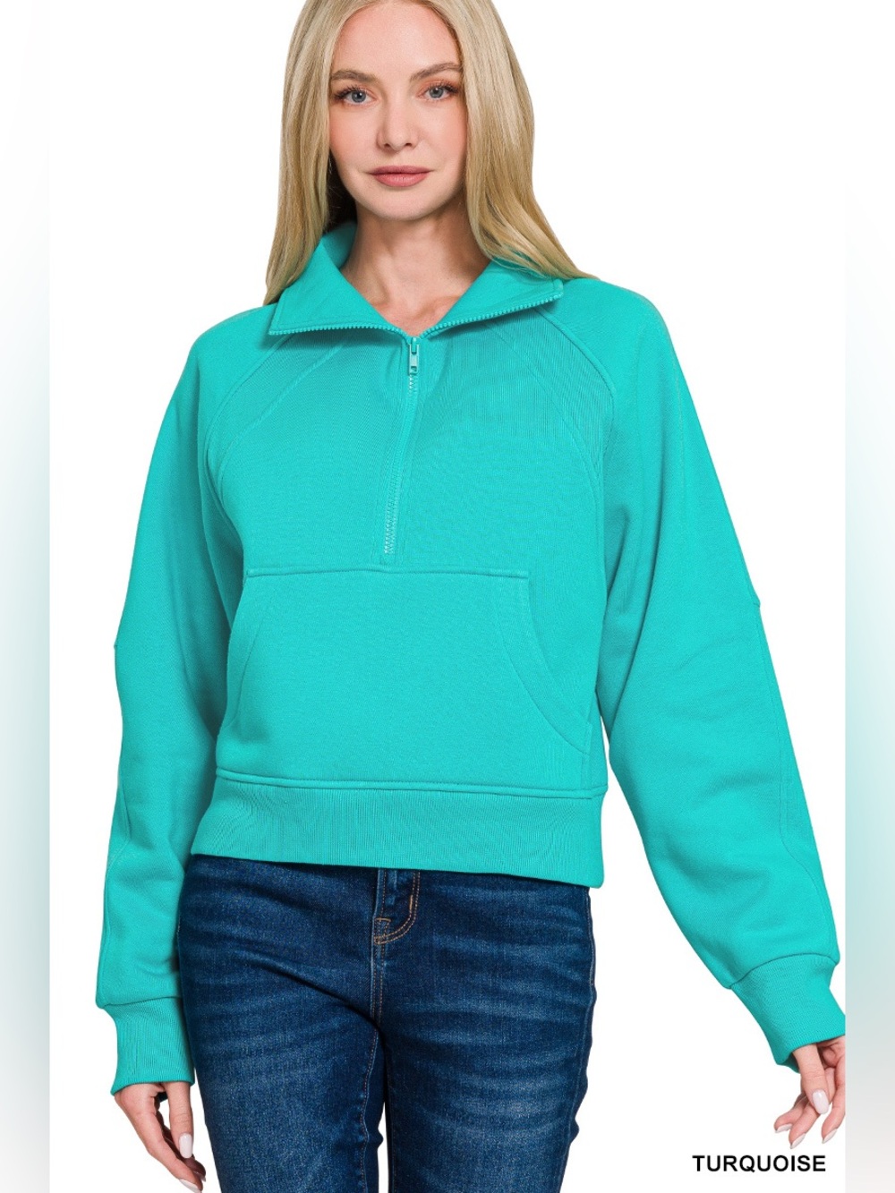 Zenana Turquoise Fleece Half-Zip Kangaroo Pocket Sweatshirt